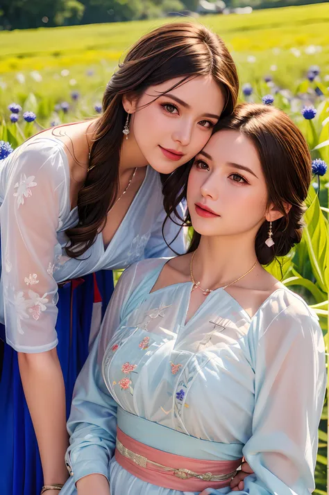 (dynamic pose:1.2),(dynamic camera),photo RAW,((close-up:1.2),portrait of two young_women in see-through dress,leering:1.3,stroking:1.3,Embroidery pattern,belorussin,long blonde wave hair, standing on flowers field, big cornflowers in foreground (bokeh:1.2...