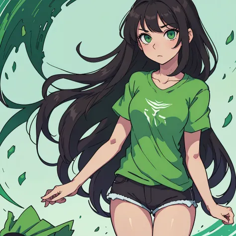 perfect anime illustration, Extreme close-up portrait of sexy girl, Standing alone, Shy, looks away, handsome body, green eyes, Dark hair, dark long hair, She hid her hands behind her back, wearing a green T-shirt, In short shorts, dim lights