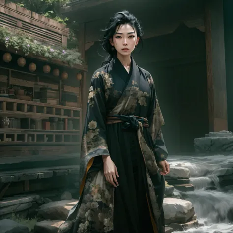 Side 32K，exteriors，Roof，People are small（tmasterpiece，k hd，hyper HD，32K）Long flowing glossy black hair，Tang dynasty complex，zydink， a color，mid afternoon（canyons）， （Linen batik scarf）， Combat posture， looking at the ground， Linen bandana， Chinese python pa...