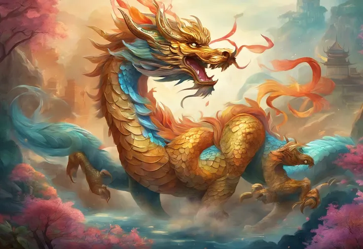 mythological creatures，chinesedragon，Traditional Chinese elements，Ancient murals，Illustrative myths，Fuyao Legend，Dappled light，Hazy haze，mystical aura，tmasterpiece，k hd，Rich in color，Detailed details，Seven colors