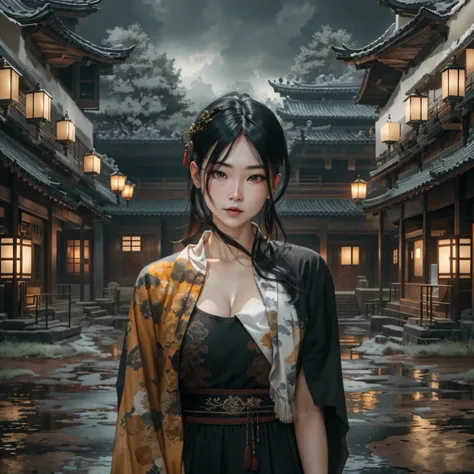 Side 32K，exteriors，Roof，People are small（tmasterpiece，k hd，hyper HD，32K）Long flowing glossy black hair，Tang dynasty complex，zydink， a color，mid afternoon（canyons）， （Linen batik scarf）， Combat posture， looking at the ground， Linen bandana， Chinese python pa...