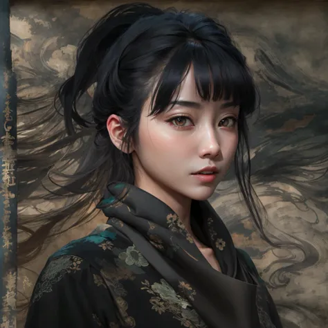 Side 32K，exteriors，Roof，People are small（tmasterpiece，k hd，hyper HD，32K）Long flowing glossy black hair，Tang dynasty complex，zydink， a color，mid afternoon（canyons）， （Linen batik scarf）， Combat posture， looking at the ground， Linen bandana， Chinese python pa...