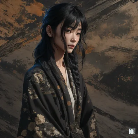 Side 32K，exteriors，Roof，People are small（tmasterpiece，k hd，hyper HD，32K）Long flowing glossy black hair，Tang dynasty complex，zydink， a color，mid afternoon（canyons）， （Linen batik scarf）， Combat posture， looking at the ground， Linen bandana， Chinese python pa...