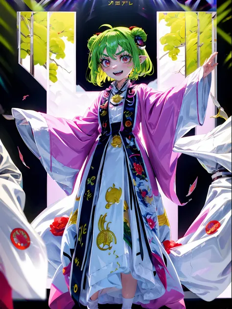 loli, green hair, red eyes, white robe, hornes, sharpteeth, standing solo focus, white robe,demongirl, pants, long skirt, short ...