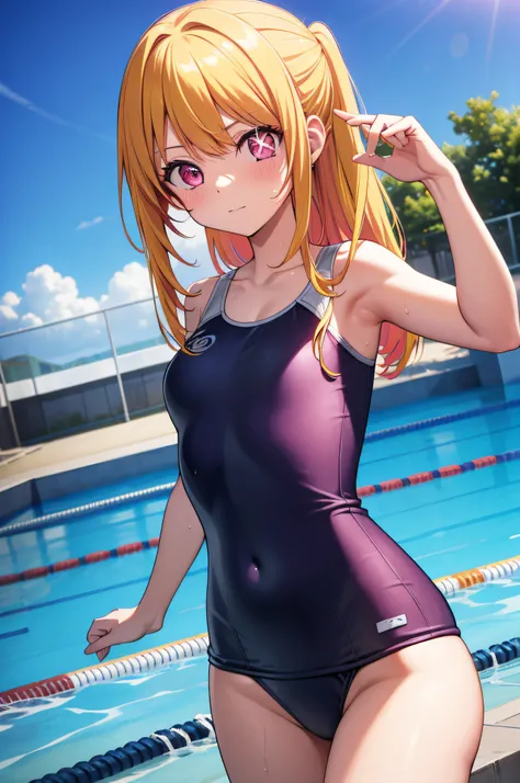 1girl, ruby hoshino, (yellow hair:1.5), long hair, (pink eyes:1.5), sidelocks, (Star pupil in left eye:1.3), (Pink right eye:1.3),
BREAK (school swimsuit:1.2), swimming suit, medium breasts, Naked, Exposed skin, Wet skin, (blush:1.2),
BREAK (School swimmin...