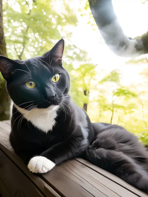 there is a black and white cat sitting on a wooden bench, tuxedo cat, black and white cat, cat photo, portrait shot, photo of a cat, sigma 85/1.2 portrait, cat in the forest, smokey, cat photography, serious composure, a handsome, detailed portrait shot, t...