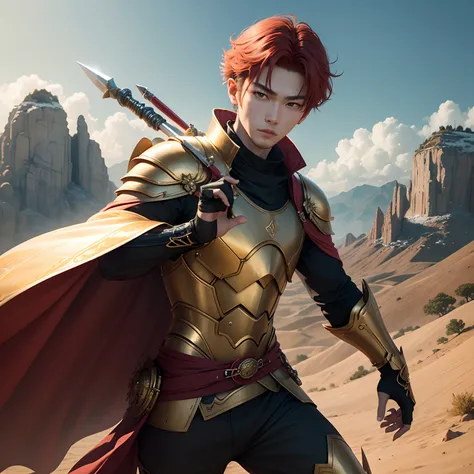 Realistic photo of Yeonjun, a red-haired Korean TXT group member in which he is flying over a mountain and wearing a golden metal armor that covered half of his face, He was in battle position with a spear with sharp points, tinha cabelos ruivo, paisagem n...