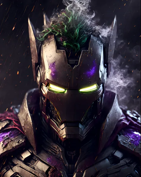 Close-up (Joker Iron Man in Viking style: 1.3) emerging from wet black mud, extremely detailed, smoke, sparks, metal shavings, flying debris, volumetric light