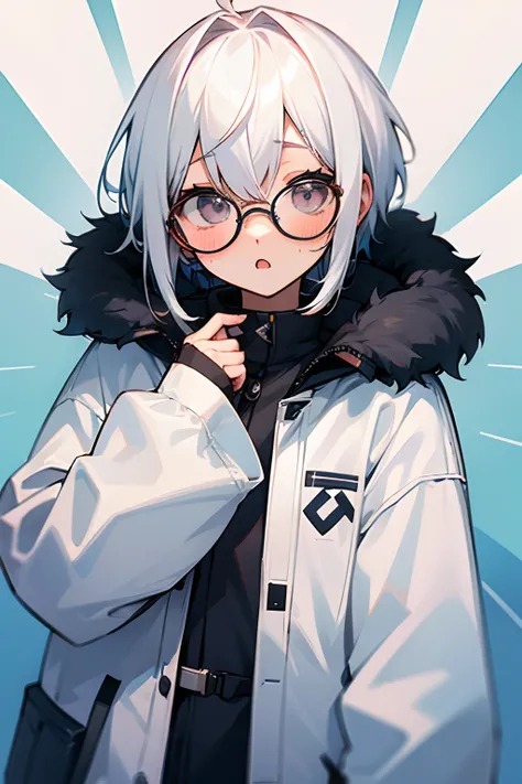 femele、white  hair、short-cut、parka、wears glasses、blushing、Surprised