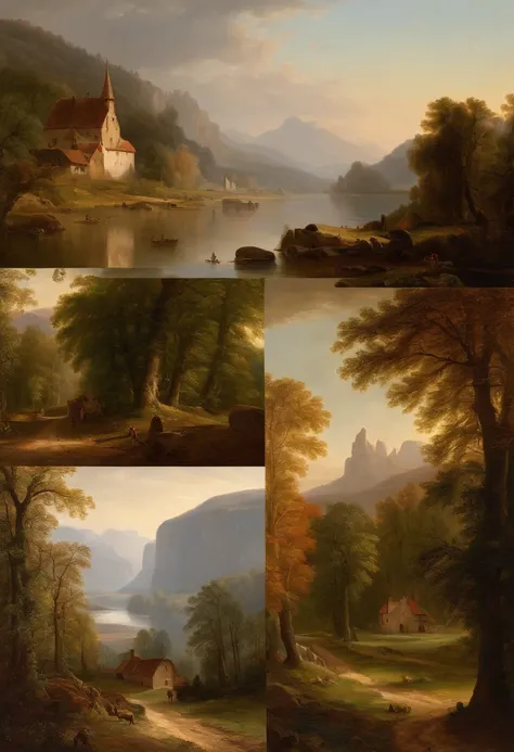 Painting of a river with a house, Romantic landscape of Saxon Switzerland,  inspiriert von Carl Hilger, Albert Bierstadt 4 K, Romantik Landschaftsmalerei, Hudson River Schule, von August Friedrich Schenck, von Alexander Nasmyth, von Robert S. Duncanson, Al...