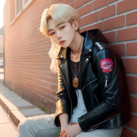 Kim Taehyung from BTS, blonde, in a black leather jacket, wearing a Megadeth shirt underneath, with a pendant around his neck, sitting against a brick wall.