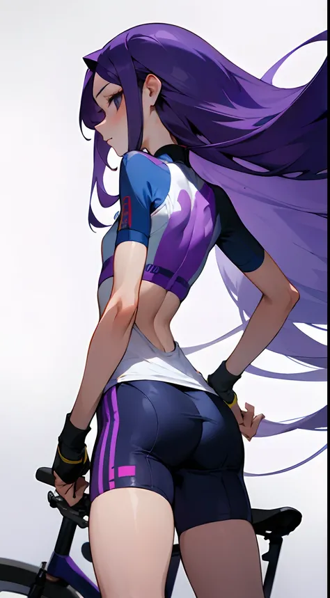 Girl with long purple hair, Slim, beatiful face, little chest, in cycling shorts and a sports top, seen from behind