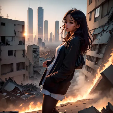 Rapaz jovem, pele morena, envolto de energia negra, possui um olhar vazio, wearing a black cardigan while admiring the skyline of a destroyed city.