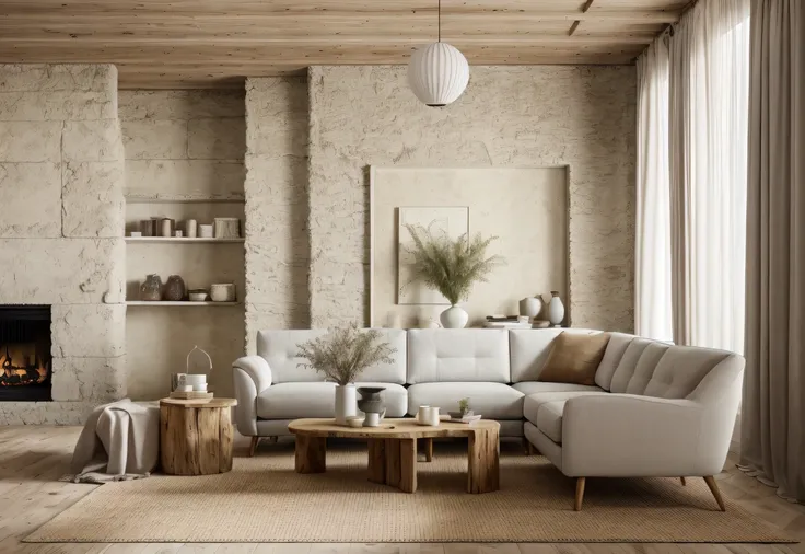 wabisabi livingroom interior, sofa, armchair, table, rug, wood floor, drapes, window, blind, white flat ceiling, stucco wall,natural light, softlight, (flat white ceiling),((masterpiece)), realistic, high quality,