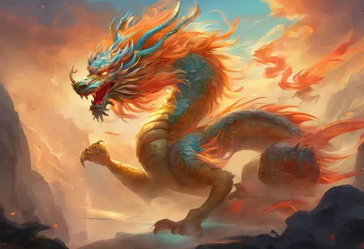 mythological creatures，chinesedragon，Traditional Chinese elements，Ancient murals，Illustrative myths，Fuyao Legend，Dappled light，Hazy haze，mystical aura，tmasterpiece，k hd，Rich in color，Detailed details，Seven colors