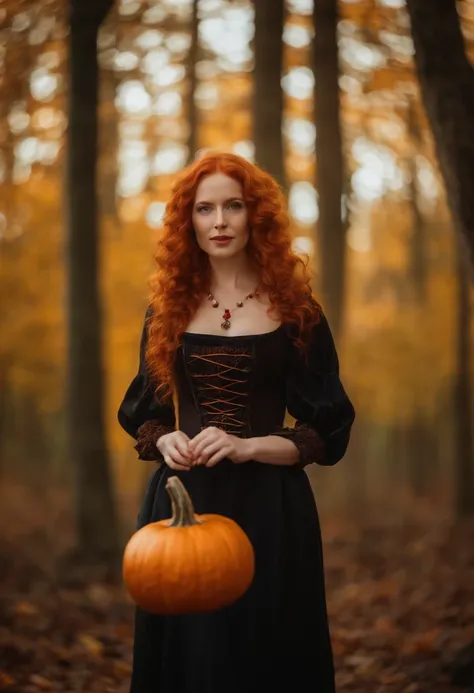 Professional Portrait Photography Redhead Woman Pale Ginger Orange, branca, Slightly blurry background in the forest with medieval costumes Witch costume with halloween pumpkin in hand 8K warm autumn lights around.