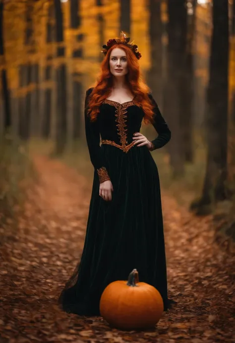 Professional Portrait Photography Redhead Woman Pale Ginger Orange, branca, Slightly blurry background in the forest with medieval costumes Witch costume with halloween pumpkin in hand 8K warm autumn lights around.