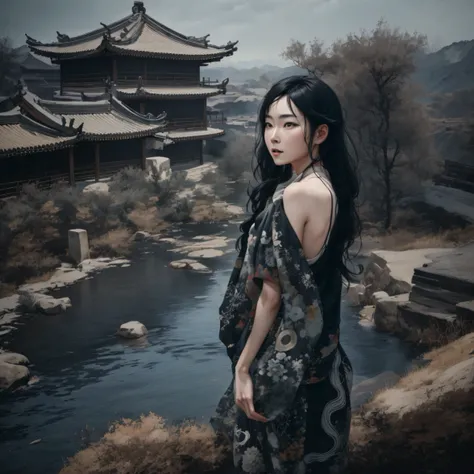 Side 32K，exteriors，Roof，People are small（tmasterpiece，k hd，hyper HD，32K）Long flowing glossy black hair，Tang dynasty complex，zydink， a color，mid afternoon（canyons）， （Linen batik scarf）， Combat posture， looking at the ground， Linen bandana， Chinese python pa...