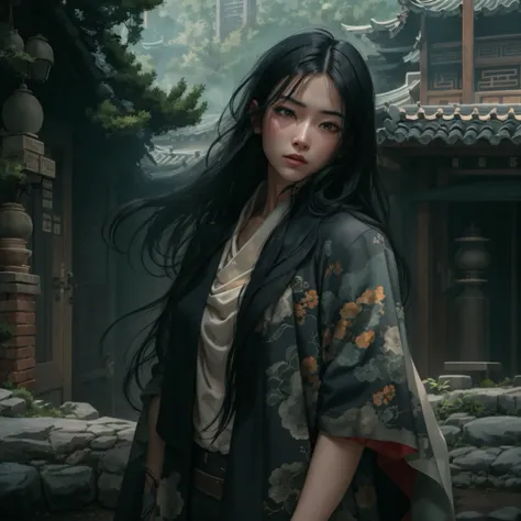 Side 32K，exteriors，Roof，People are small（tmasterpiece，k hd，hyper HD，32K）Long flowing glossy black hair，Tang dynasty complex，zydink， a color，mid afternoon（canyons）， （Linen batik scarf）， Combat posture， looking at the ground， Linen bandana， Chinese python pa...