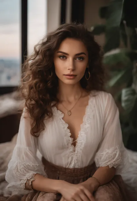 arafed woman with bohemian clothes, girl with brown eyes, portrait sophie mudd,  long curly messy brown hair and large eyes, selfie of a young woman, bedroom eyes, violet myers, without makeup, natural makeup, looking directly at the camera, face with artg...