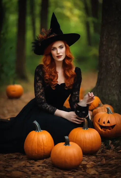 Portrait Getting Professional Photography Redhead Woman Pale Ginger Orange, branca, Slightly blurred background in the forest with medieval costumes Black dress with lace Witch costume with black cat in hand and halloween pumpkin on the ground 8K Green and...