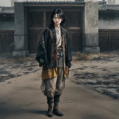 Side 32K，exteriors，Roof，People are small（tmasterpiece，k hd，hyper HD，32K）Long flowing glossy black hair，Tang dynasty complex，zydink， a color，mid afternoon（canyons）， （Linen batik scarf）， Combat posture， looking at the ground， Linen bandana， Chinese python pa...