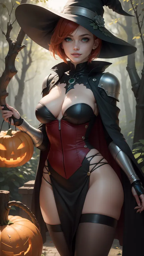 gwen tennyson,tracer,yorha 2b,rebecca chambers,atelier ryza,nier automata,1girl, close up,mecha pilot,halloween forest, golden and red plugsuit,hair pin,pirate corset,silver long sleeve lycra top,steel leggings,short hair,cute makeup, green eyes,red and go...