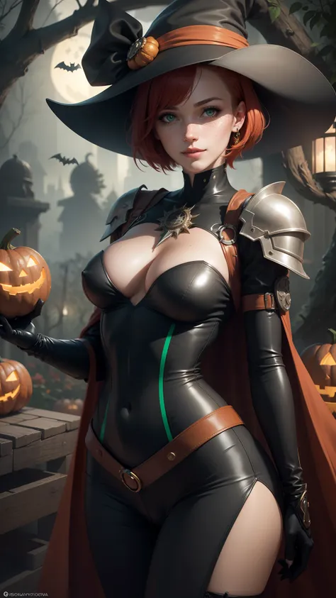 gwen tennyson,tracer,yorha 2b,rebecca chambers,atelier ryza,nier automata,1girl, close up,mecha pilot,halloween forest, golden and red plugsuit,hair pin,pirate corset,silver long sleeve lycra top,steel leggings,short hair,cute makeup, green eyes,red and go...