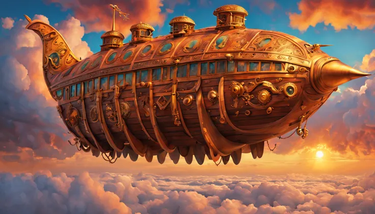 (Surrealism:1.3), big (steampunk aircraft with rich animalistic design) (resembling Noahs Ark:1.4), (animals carved on its sides), (amidst the vast romantic clouds), breathtaking, sunrise, vivid colors