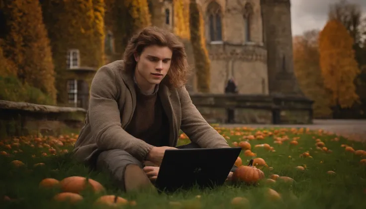 In Harry Potter style, one male Hogwarts Student from Gryffindor, sitting on the garden of Castle of Hogwarts, listening to music on Headphone, and holding a Nintendo switch, playing video game . Autumn Time, pumpkins