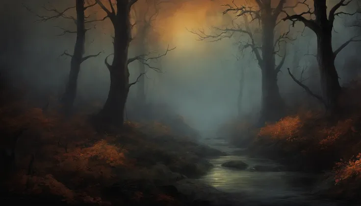 dark gothic vintage halloween painting. Design of a dark forest with mist, lleno de calaveras y tumbas.