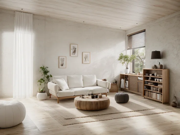 wabisabi livingroom interior, sofa, armchair, table, rug, wood floor, drapes, window, blind, white flat ceiling, stucco wall,nat...