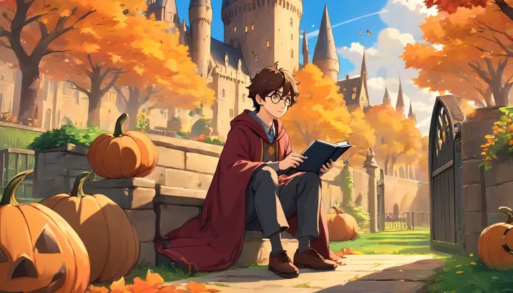 In Harry Potter style, In Hogwarts Legacy Game Style, one male Hogwarts Student from Gryffindor, sitting on the garden of Castle of Hogwarts, listening to music on Headphone, and holding a Nintendo switch, playing video game, wearing hogwarts student from ...