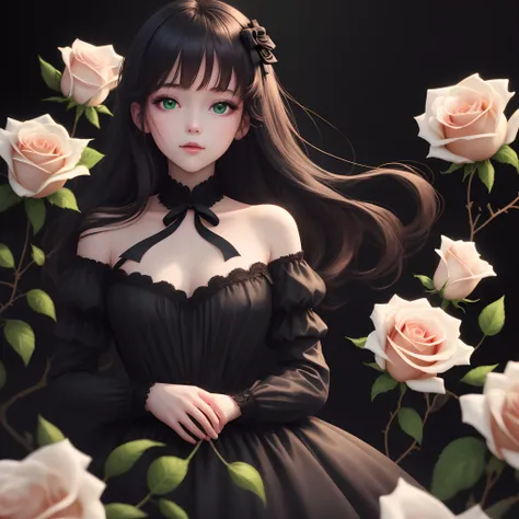 ((Masterpiece, Best quality)),Best-aesthetic,1girll, Solo, Long hair, Black dress, flower, ribbon, Black background, Black hair, Rose, Hair ribbon, Green eyes, Long sleeves, White rose, Closed mouth, Black ribbon, Upper body, Cinematic lighting