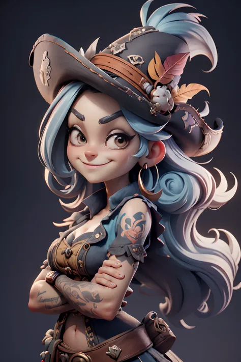 Development of animated characters in the style of 3D Pixar, Different facial expressions of a cheerful pirate woman in a wide hat with feathers, tattoo on the arm, Character Sheet, Drawing, Реалистичный 3D-рендеринг, high resolution texture, dramatic  lig...