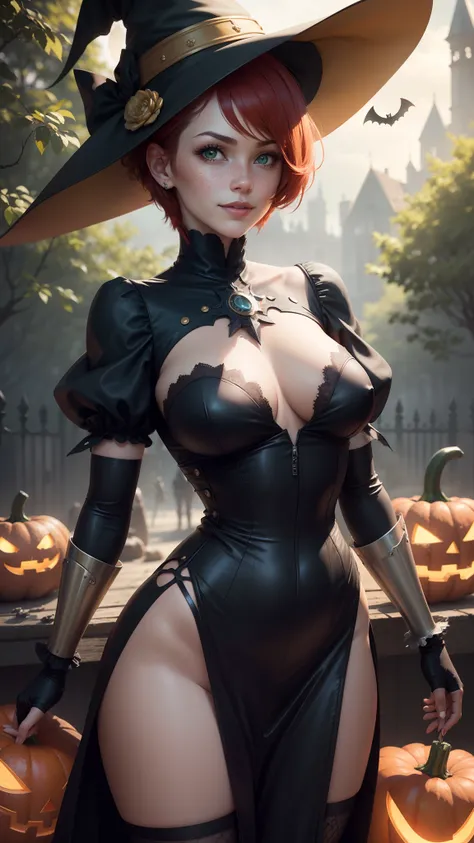 gwen tennyson,tracer,yorha 2b,rebecca chambers,atelier ryza,nier automata,1girl, close up,mecha pilot,halloween forest, golden and red plugsuit,hair pin,pirate corset,silver long sleeve lycra top,fishnet stockings,short hair,cute makeup, green eyes,red and...