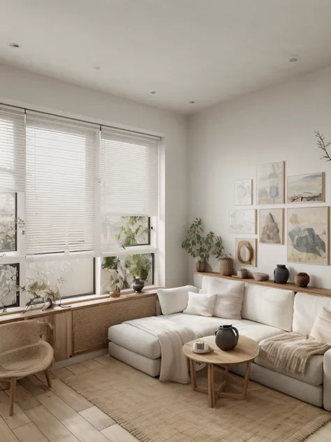 wabisabi livingroom interior, sofa, armchair, table, rug, wood floor, drapes, window, blind, white flat ceiling, stucco wall,natural light, softlight, (flat white ceiling),((masterpiece)), realistic, high quality, sunray,