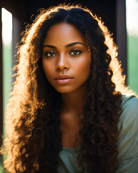 Detailed and realistic portrait of a mulatto woman, Round green eyes, long smooth hair, Shot from the outside, skin texture, Chapped Lips, soft natural lighting, portrait photography, 85 mm lens, magical photography, dramatic  lighting, photo realism, Ultr...