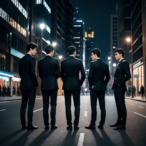 A group of 4 boys standing on city road ,hidden face,full body with black suits ,back pose,night time,lite moonlighting on ground ,till night ,good vibes beside high buildings