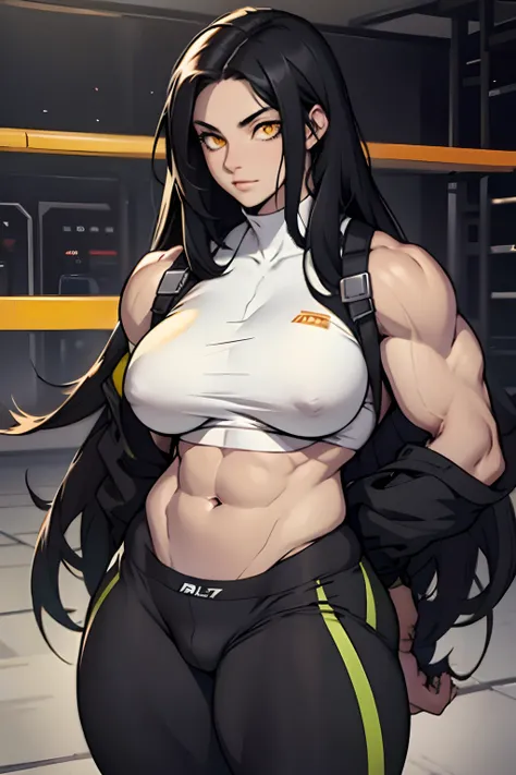 (bodybuilder) pale skin yellow eyes black hair very long hair 1girl huge breasts waistup