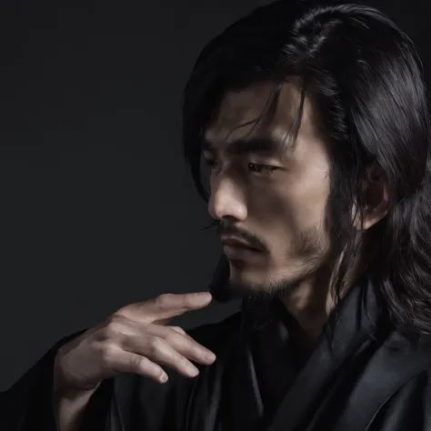 Japan man with long hair in black robe　half of the face is hidden　dark ambiance