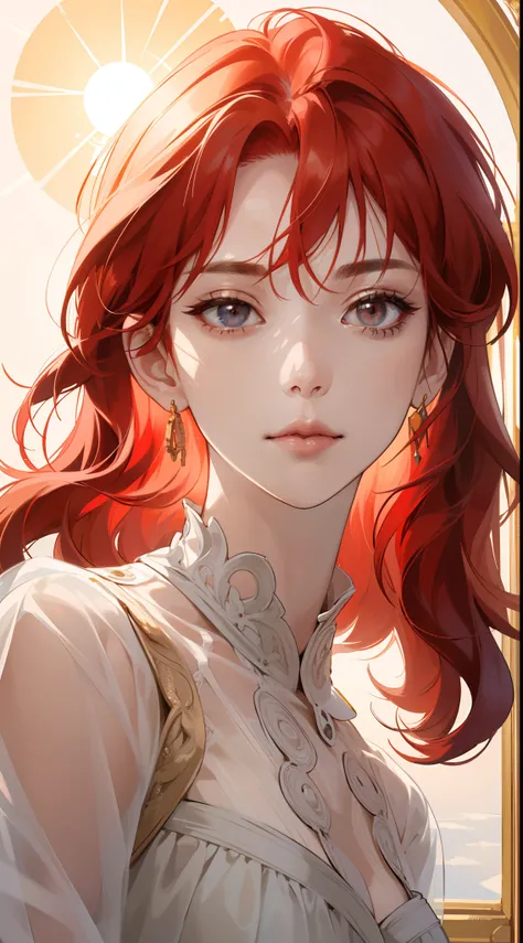 (extremely delicate and beautiful:1.2), 8k,(masterpiece:1.0),(best_quality:1.0), 1girl, mature woman, sun as a women, complex details, enlarged textures, complex details, finely detailed eyes and detailed face, intricate details, red hair, (closed mouth), ...