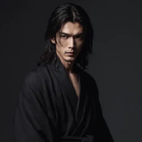 Japan man in black robe with long hair　Half of the face is hidden by a black cloth　dark ambiance