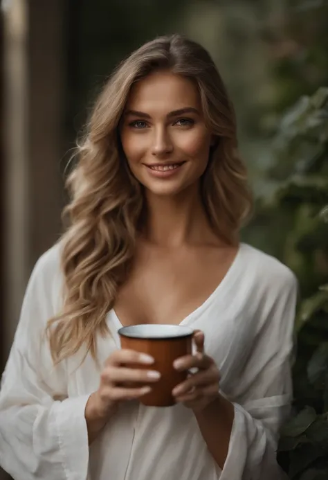 Professional full body photo, (Foto 4K:1.1) bis (Jeremy Lipking:0.3), (Dittmann Anna:0.3), (jiner:0.3), (Scharfer Fokus:1.3), Hohe Detailgenauigkeit, He is holding a cup of coffee in his smiling hand, blondes Haar, Pose des Instagram-Models, sicher, fit gi...