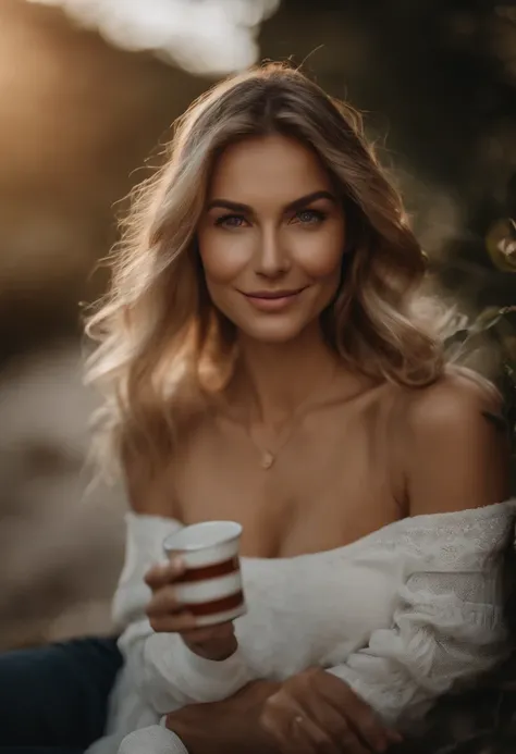 Professional full body photo, (Foto 4K:1.1) bis (Jeremy Lipking:0.3), (Dittmann Anna:0.3), (jiner:0.3), (Scharfer Fokus:1.3), Hohe Detailgenauigkeit, He is holding a cup of coffee in his smiling hand, blondes Haar, Pose des Instagram-Models, sicher, fit gi...