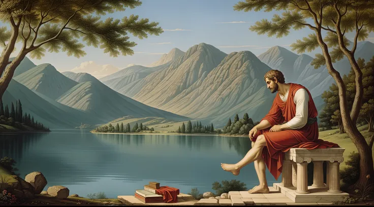 aristotle engrossed in thinking beside a serene lake in ancient greece. capture the essence of intellectual pursuit and contempl...