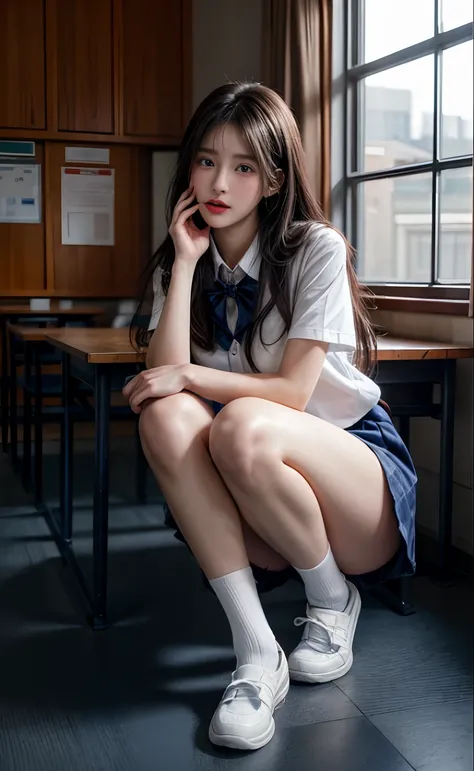 ​masterpiece, hi-school girl、Blue Eye、Bright brunette、（School Uniforms:1.5）、（M-shaped legs:1.5）、opens legs、big butts、Exposed massive breasts、Navy Socks、Wear upper shoes、（Bright school classroom:1.5）the viewer, Realistis, full body Esbian, radical, Haute, （...