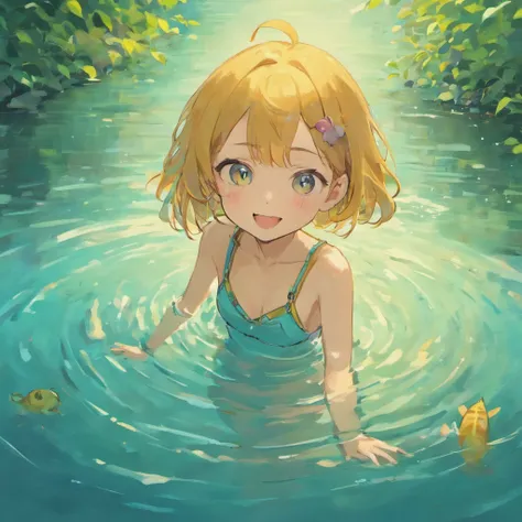 A girl play in the lake, big eyes, smiling face, with a cat beside her.