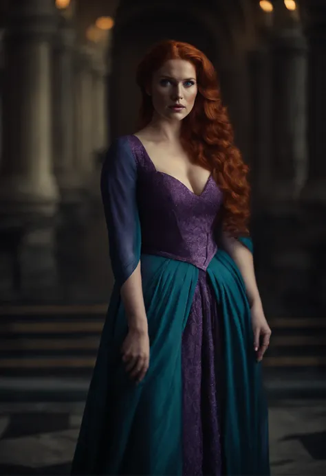 redhead queen, tall, blue eyes, perfect nose, fat, round face, straight eyebrow god, purple dress,(big-breasted:1.5) full body