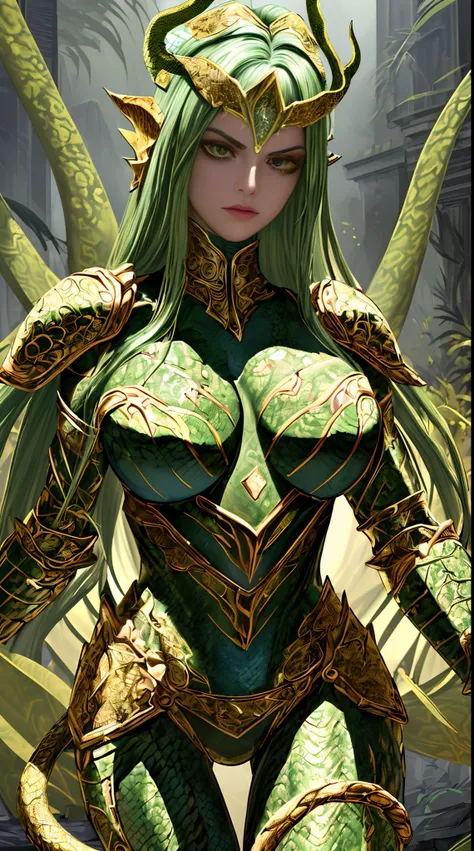 (best quality,highres:1.2),ultra-detailed,realistic,portrait:,beautiful,detailed eyes,beautiful,detailed lips,longeyelashes,gorgeous queen,gorgon,green and gold armor,sexy and fierce,leather armor,ornate design,shiny and reflective armor,scales pattern,hea...